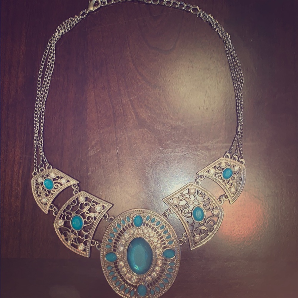 Teal with rhinestone silver necklace
